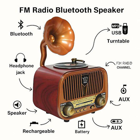 Rose SP-428 USB-SD-FM-Bluetooth Destekli Şarjlı Nostaljik Retro Radyo - Kahverengi