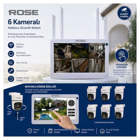 Rose 6 PTZ Wifi Kameralı 10.1'' Lcd Ekranlı Sesli Kablosuz Wifi Kamera Seti