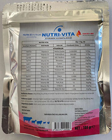 Nutrivita 100 Gram Tavuk, Güvercin ve Kanatlılar için Karma Vitamin
