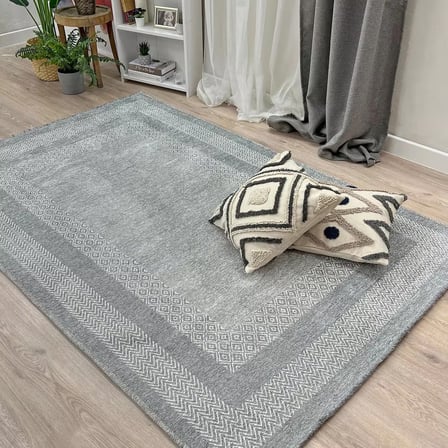 Nordi 11543-A Çerçeve Desenli Yıkanabilir Gri Salon Mutfak Yolluk Dokuma Modern Halı