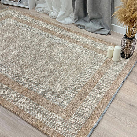 Nordi 11543-B Çerçeve Desenli Yıkanabilir Bej Salon Mutfak Yolluk Dokuma Modern Halı