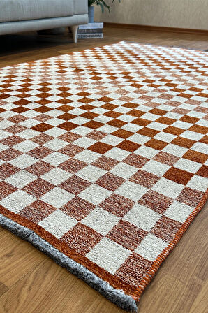 Moretti Nordi Küp Kare Desenli Yıkanabilir Turuncu Mutfak Halısı