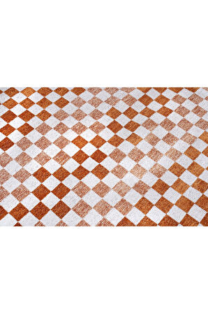 Moretti Nordi Küp Kare Desenli Yıkanabilir Turuncu Mutfak Halısı