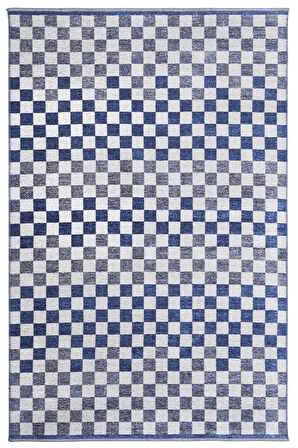 Moretti Nordi Küp Kare Desenli Yıkanabilir Mavi Mutfak Halısı