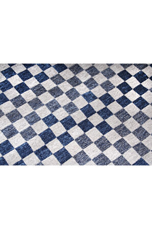Moretti Nordi Küp Kare Desenli Yıkanabilir Mavi Mutfak Halısı