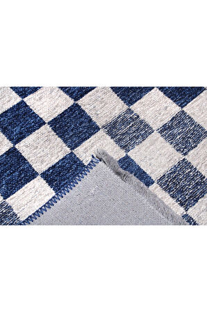 Moretti Nordi Küp Kare Desenli Yıkanabilir Mavi Mutfak Halısı