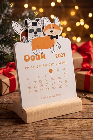 Ahşap Standlı Özel Kesim Papyonlu Corgi Tasarımlı 2027 Masaüstü Takvimi 8,5x12 Cm - Eğlenceli Yeni Yıl Hediyesi Çok Renkli