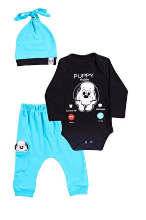 Ata Bebe Erkek Köpekli 3'lü Bady Takım / Erkek Puppy Mobile 3'lü Bady Takım