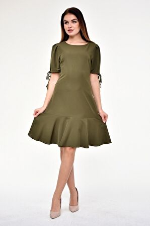 Kadın Pileli kol Bağlama Detaylı Volanlı Midi Boy Elbise 3812/100