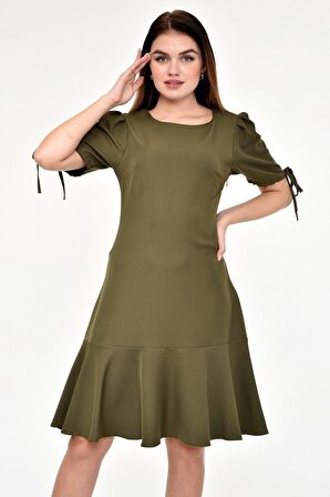 Kadın Pileli kol Bağlama Detaylı Volanlı Midi Boy Elbise 3812/100