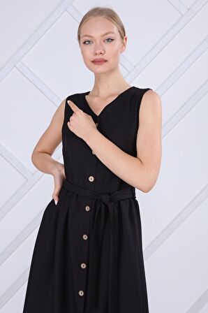 Kadın Bağlama Detaylı V Yaka Düğmeli Kolsuz Elbise 4320/95