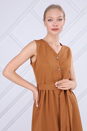 Kadın Bağlama Detaylı V Yaka Düğmeli Kolsuz Elbise 4320/95