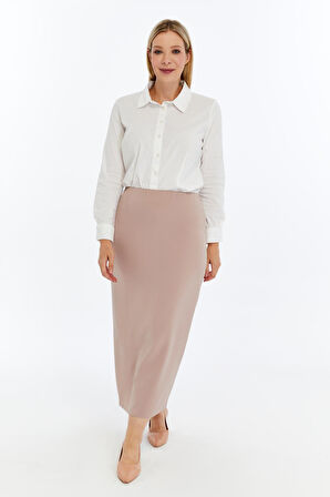 Apsen Kadın Bej Beli Lastikli Mevsimlik  Yırtmaç Detaylı Ofis Etek 1903-90