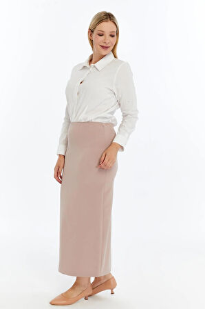 Apsen Kadın Bej Beli Lastikli Mevsimlik  Yırtmaç Detaylı Ofis Etek 1903-90