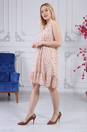 Kadın Büzgü Detaylı V Yaka Midi Boy Emprime Çiçekli Şifon Elbise 4326/95