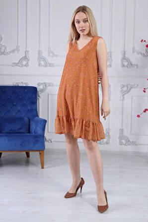 Kadın Büzgü Detaylı V Yaka Midi Boy Emprime Çiçekli Şifon Elbise 4326/95