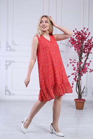 Kadın Büzgü Detaylı V Yaka Midi Boy Emprime Çiçekli Şifon Elbise 4326/95