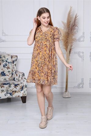 Kadın Yeni Sezon Büzgü Detaylı Çiçek Desenli Şifon Elbise 4316/95