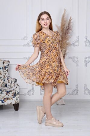 Kadın Yeni Sezon Büzgü Detaylı Çiçek Desenli Şifon Elbise 4316/95