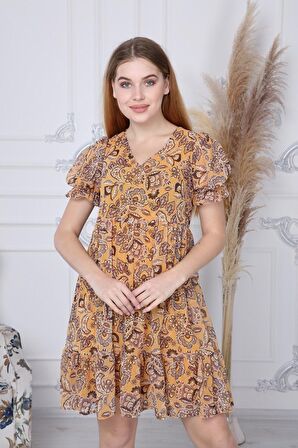 Kadın Yeni Sezon Büzgü Detaylı Çiçek Desenli Şifon Elbise 4316/95