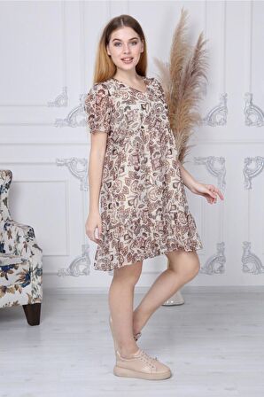 Kadın Yeni Sezon Büzgü Detaylı Çiçek Desenli Şifon Elbise 4316/95