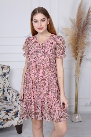 Kadın Yeni Sezon Büzgü Detaylı Çiçek Desenli Şifon Elbise 4316/95