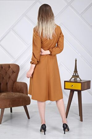 Kadın Bağlama Detaylı Kruvaze Yaka Midi Boy Elbise 4338/110