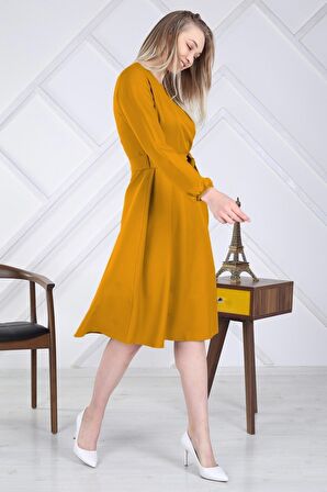 Kadın Bağlama Detaylı Kruvaze Yaka Midi Boy Elbise 4338/110