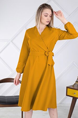 Kadın Bağlama Detaylı Kruvaze Yaka Midi Boy Elbise 4338/110