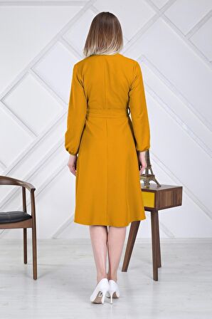 Kadın Bağlama Detaylı Kruvaze Yaka Midi Boy Elbise 4338/110