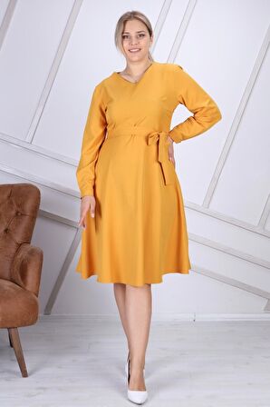 Kadın Haki Büyük Beden Bağlama Detaylı V Yaka Marina Kumaş Elbise 4344/110