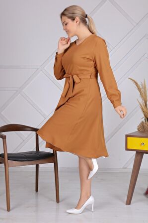 Kadın Haki Büyük Beden Bağlama Detaylı V Yaka Marina Kumaş Elbise 4344/110