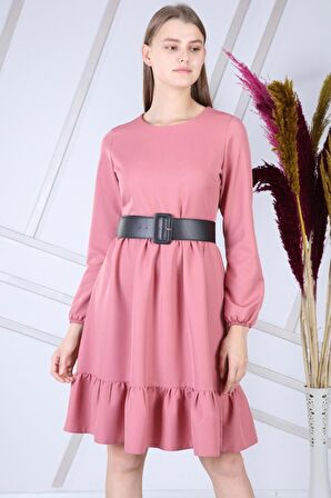 Kadın Pembe Eteği Fırfırlı Bisiklet Yaka Kemer Detaylı Elbise 4345/100