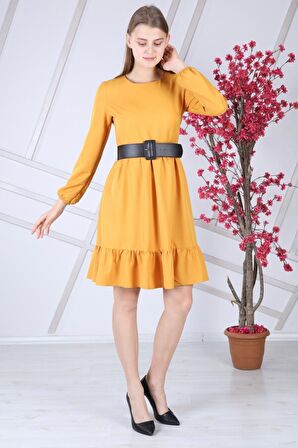 Kadın Pembe Eteği Fırfırlı Bisiklet Yaka Kemer Detaylı Elbise 4345/100