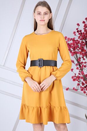 Kadın Pembe Eteği Fırfırlı Bisiklet Yaka Kemer Detaylı Elbise 4345/100