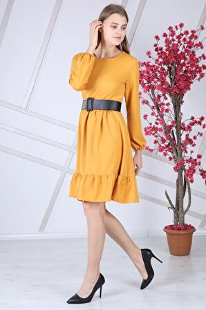 Kadın Pembe Eteği Fırfırlı Bisiklet Yaka Kemer Detaylı Elbise 4345/100