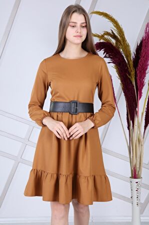 Kadın Pembe Eteği Fırfırlı Bisiklet Yaka Kemer Detaylı Elbise 4345/100