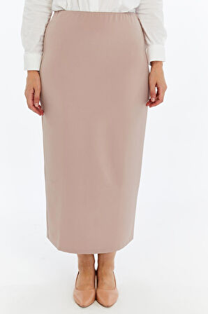 Apsen Kadın Bej Beli Lastikli Mevsimlik  Yırtmaç Detaylı Ofis Etek 1903-90