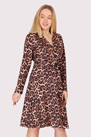 Kadın Kruvaze Yaka Bağlama Detaylı Leopar Desenli Mevsimlik Midi Elbise 4358/100