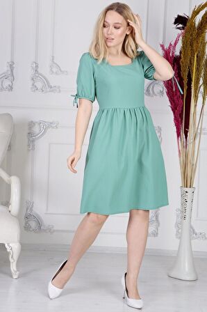 Kadın Haki Bağlama Kare Yaka Kol Detaylı Yeni Sezon Elbise 4368/100