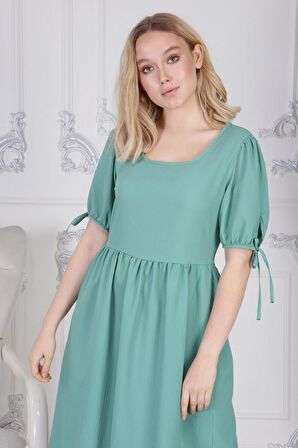 Kadın Haki Bağlama Kare Yaka Kol Detaylı Yeni Sezon Elbise 4368/100