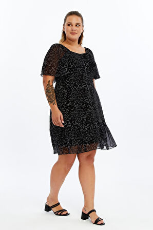 Apsen Kadın Siyah Puantiyeli Midi Şifon Büyük Beden Elbise 4514-100