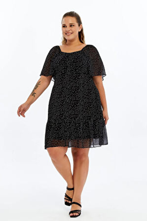 Apsen Kadın Siyah Puantiyeli Midi Şifon Büyük Beden Elbise 4514-100