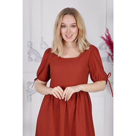 Kadın Haki Bağlama Kare Yaka Kol Detaylı Yeni Sezon Elbise 4368/100