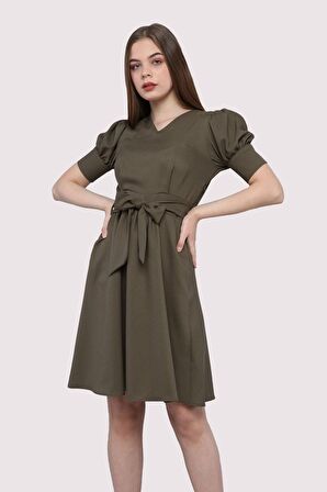 Kadın Kuşaklı Cep Detaylı Kolu Kısa Midi Boy Elbise 4379/95