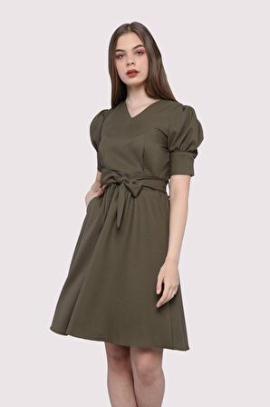 Kadın Kuşaklı Cep Detaylı Kolu Kısa Midi Boy Elbise 4379/95