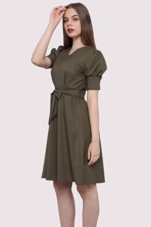 Kadın Kuşaklı Cep Detaylı Kolu Kısa Midi Boy Elbise 4379/95