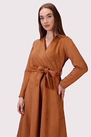 Kadın Süet Kuşaklı Kruvaze Yaka Detaylı Kloş Midi Boy Kışlık Elbise 4407/110