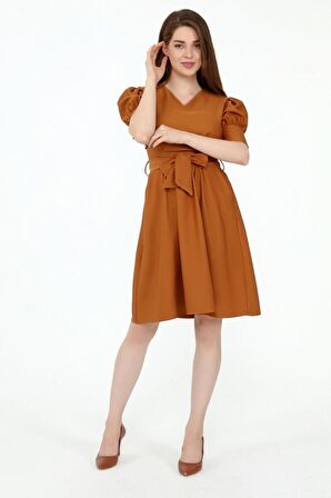 Kadın Kuşaklı Cep Detaylı Kolu Kısa Midi Boy Elbise 4379/95