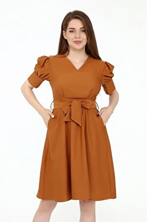 Kadın Kuşaklı Cep Detaylı Kolu Kısa Midi Boy Elbise 4379/95